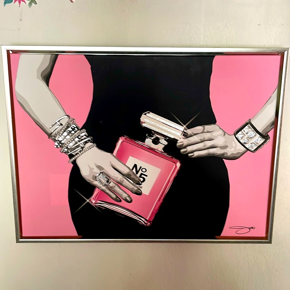 Chanel#5 funky canvas wall art / silver frame - pink, black & shiny silver paint